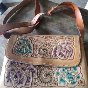 Leather Hand Tooled Handbag Embossed Mexico Floral Purse
